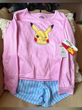 Pokemon Pink Pikachu "I Choose You" Pajama Set with Blue-Striped Shorts